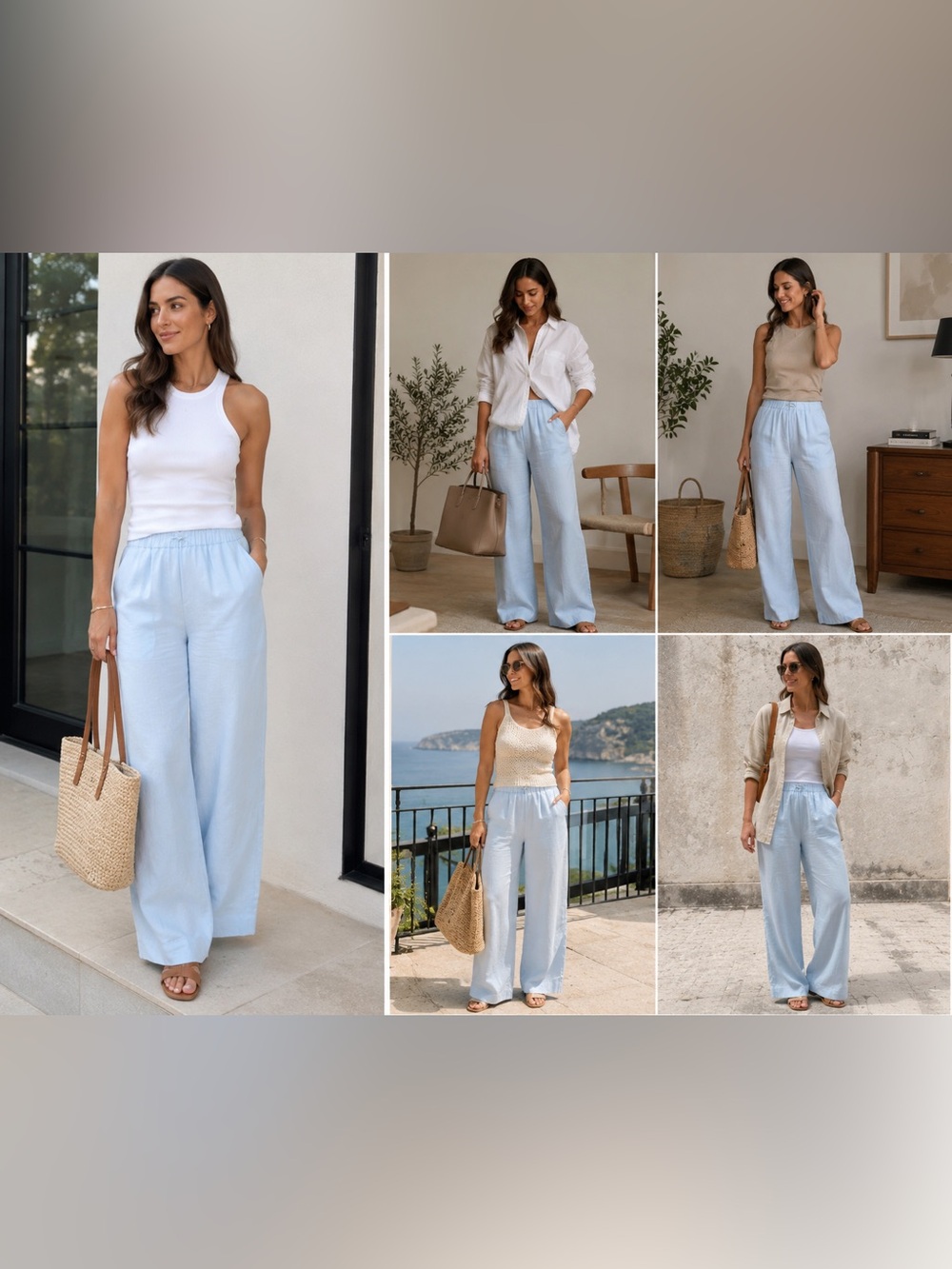 Vince Sky Blue Linen Blend Wide Leg Pull-On Pants XL Elastic Waist Luxe Coastal